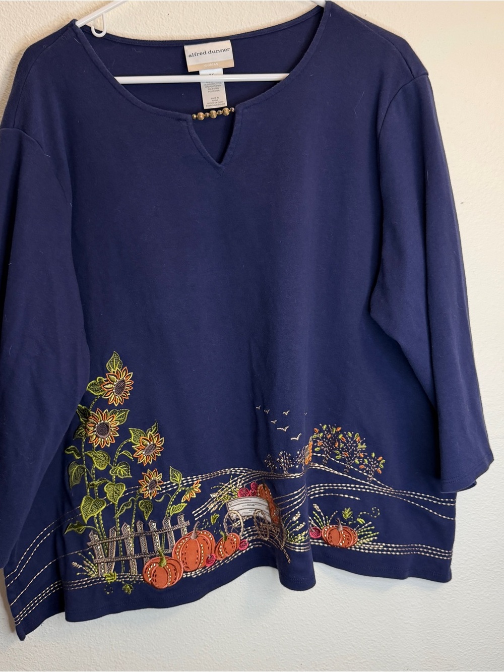 Alfred Dunner Navy Long-Sleeve Embroidered Fall Scene Top, pumpkins sunflowers